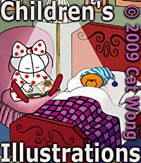 Sample Children's Illustrator's work of Child Bed Time Story  Time  art work by Cat Wong in San Francisco, California - CLICK TO CLARA AND CLARENCE BEAR ILLUSTRATIONS WEB SITE