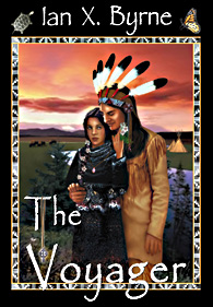 Book cover design, for THE VOYAGER,  native american  Indian  tales, by Ian X. Byrne - cover by Cat Wong, illustrator in San Francisco California