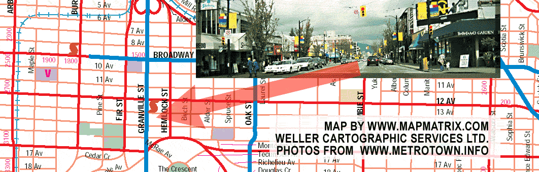Granville Street from 5th Ave to 18th Ave - photo of shops making up THE GRANVILLE RISE SHOPPING DISTRICT- with photo of Bread Garden coffe-restaurant 