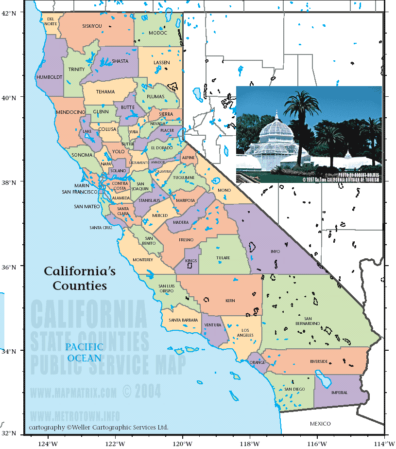 Map of California's Counties - fr. DEL NORTE to MARIN COUNTY to  SAN DIEGO in the south
