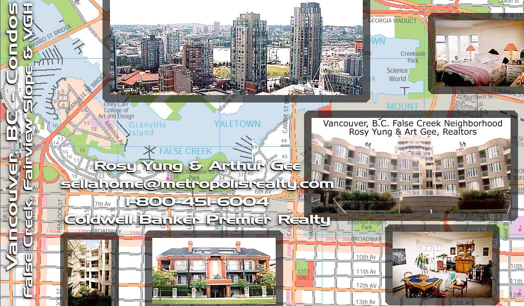 General Map of Falsecreek area of Vancouver, and sample condos in the Yaletown / Fairview slope / VGH areas  for sale or sold by