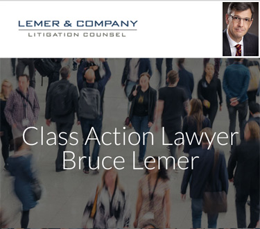 Photo of large crowd with Bruce Lemer, class action lawyer at top heading