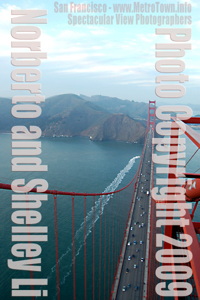 Photo from top of South Tower of Golden Gate Bridge in San Francisco taken by Norberto and Shelly Li circ  12-2008 to 09-2009