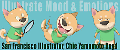children's illustrator,  showing 3 mood/expressions  by Chie Yamamoto Boyd studyiing at S.F. Academy of Art