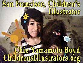 Photo of Children's Illustrator while student at San Francisco's   Academy of Art, Chie is holding a  children's project  and her pet dog - CLICK TO  HER   AREA  ON ChildrensIllustrators.org