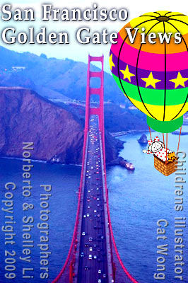 Golden Gate Bridge view from suspension towner top by photographers Norberto and Shelly Li,  1999 and Childrens cartoon character Clara in hot air baloon by Cat Wong 2009 -  CLICK TO BIGGER VERSION OF PHOTO