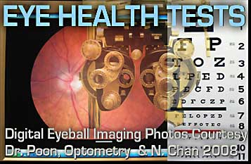 Photo collage of digitized image of eyeball, with modern immaging diagnostic equipment as well as traditional lens testing / fitting equipment in Dr. John Poons, optometrist office in Victoria BC - John is the founder of original Inner Harbour opitcal both in the Bay Centre then in The Hudson, now in 2015 has his own clinic by Jubilee Hospital on Fort Street, Victoria