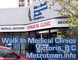 Walk-in medical clinics for patients to drop-in, those  without a personal-family-doctor, can  make an appointment on the spot for a first come first see doctor on duty  - The clinic photo here is on Yates St.  near Cook -  in same mall as London Drugs -  CLICK FOR MORE INFORMATION