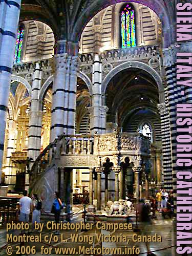 Inside of Cathedral in Siena, Italy, the pulpit is in the lower centre of this photo taken by C. Campese a linguistics student studying at  Concordia University in Montreal in 2006