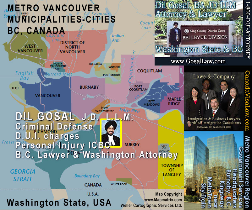 Map showing the maor municipalities, towns and cities that make up the Metro Vancouver Region closes to the City of Vancouver, including West Vancouver, North Vancouver, Vancouver, Richmond,  Burnaby,  New Westminister,  Coquitlam, Port  Moody, Pitt Meadows, Maple Ridge,, Langley etc.
