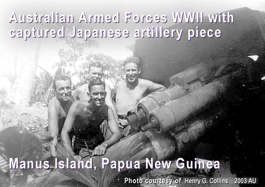 4 Australian airforce/army members pose for photo with  captured Japanese artillery piece on Manus Island, PNG during early 1940s