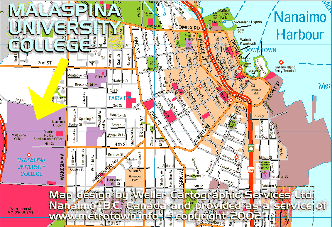 Malaspina University-College in  downtown map of Nanaimo, B.C. Canada