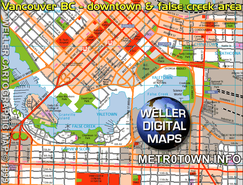 Vancouver city street map of downtown core,  Yaletown, Chinatown, False Creek, Granville Island and Broadway  by VGH - CLICK ON MAP to return to Vancouver general information area