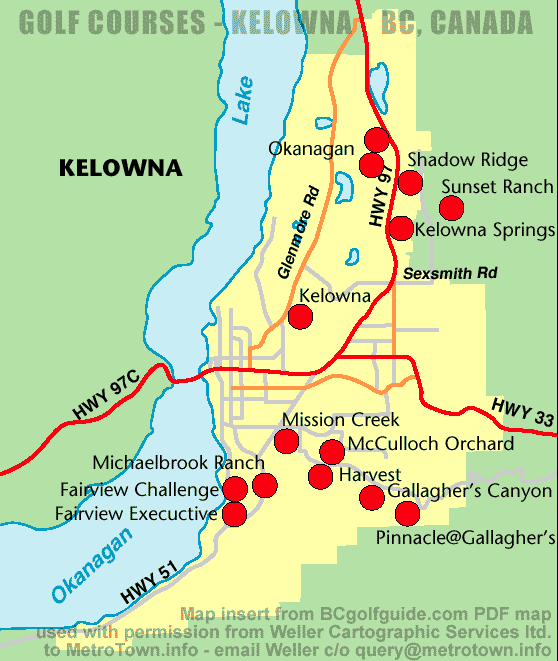Map showing overall number of Golf Courses inside Kelown city limits