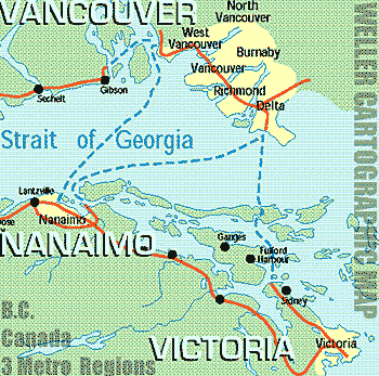 Map of South Western corner of  BC with cities of Metro Vancouver Region - Victoria and Nanaimo