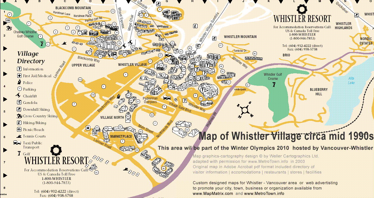 Street map of Whistler BC Canada - the Resort Village as it was in late 1990s, in 2010 hosting the Vancouver-Whistler Winter Olympics