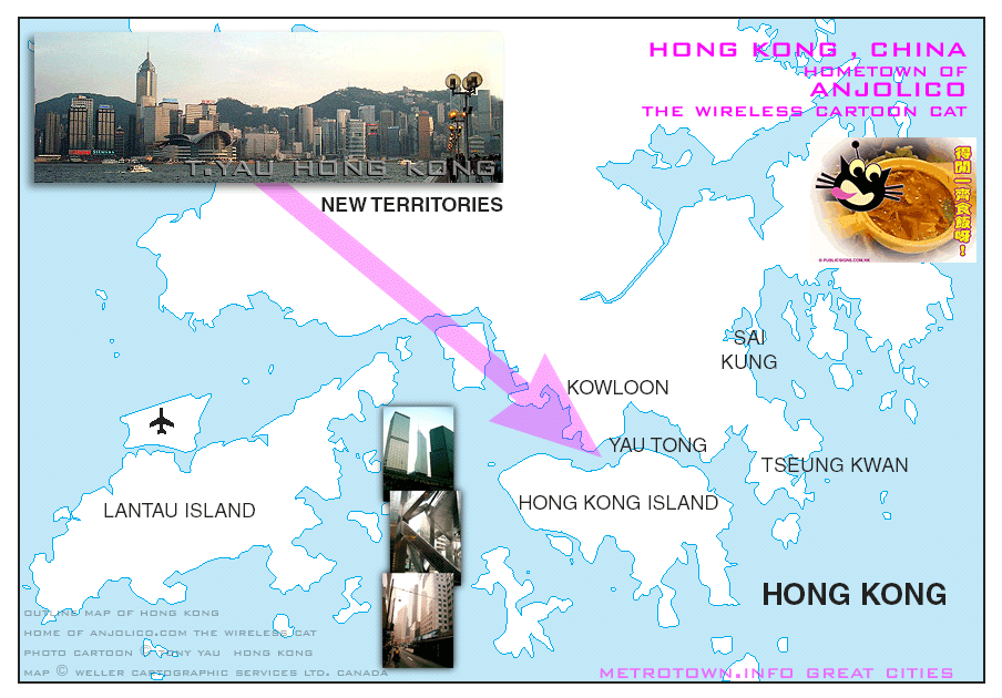 Hong Kong regional outline map with photos of  business district and  downtown office buildings
