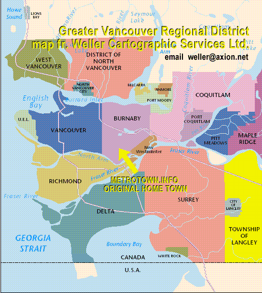 Map of GVRD Greater Vancouver Regional District member cities and municipalities