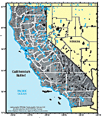 Relief Map of California with county border outlines - CLICK FOR ENLARGMENT