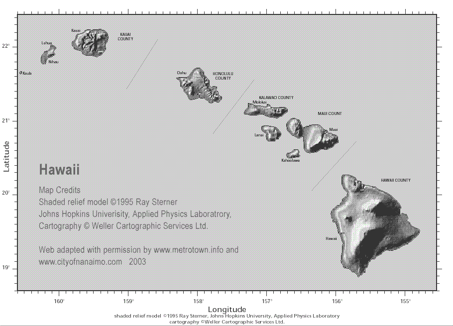 Map of Hawaii, USA - showing longitude and latitude of islands, counties, cities and towns including