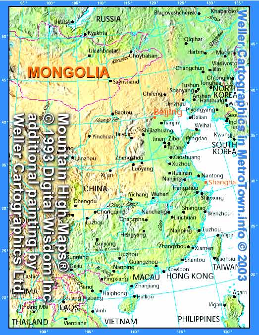 Mongolia map by Weller Cartographic Services map-maker Angus Weller - CLICK TO SEE STREET MAP OF CAPITAL  CITY Ulaanbaatar