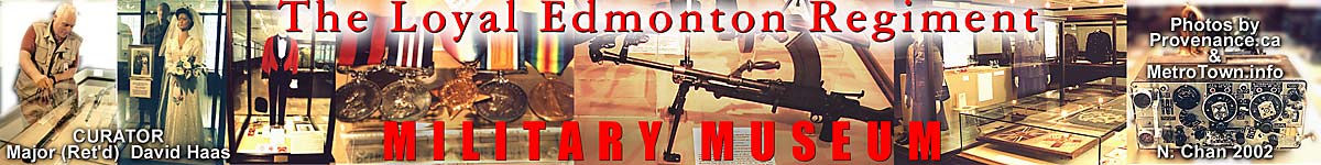 photos of Military Museum of the Loyal Edmonton Regiment, in Prince of Wales Armouries, displays of arms, uniforms, war bride bridal dress,  Hudson's Bay trade rifles, Women's Army Corp uniforms, military needlework and more - David Haas, Curator