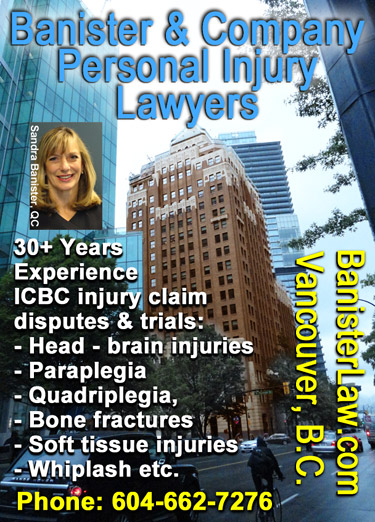 Sandra Banister, QC Queens Counsel,, photo in front of  Marine Building, on Burrard Street, where her office located, brings over 30 years experience to her  Personal Injury, ICBC injury claims clients0