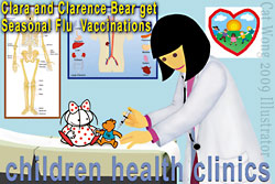 Promoting Swing Flu aka H1N1 flu shots to  young children and their mothers/family  - an illustration of Clara and Clarence Bear, with Clarence getting his shot from Doctor - from San Francisco children's illustrator Cat Wong 